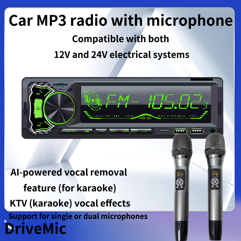 Car MP3 radio with microphone with both 12V and 24V electrical systems